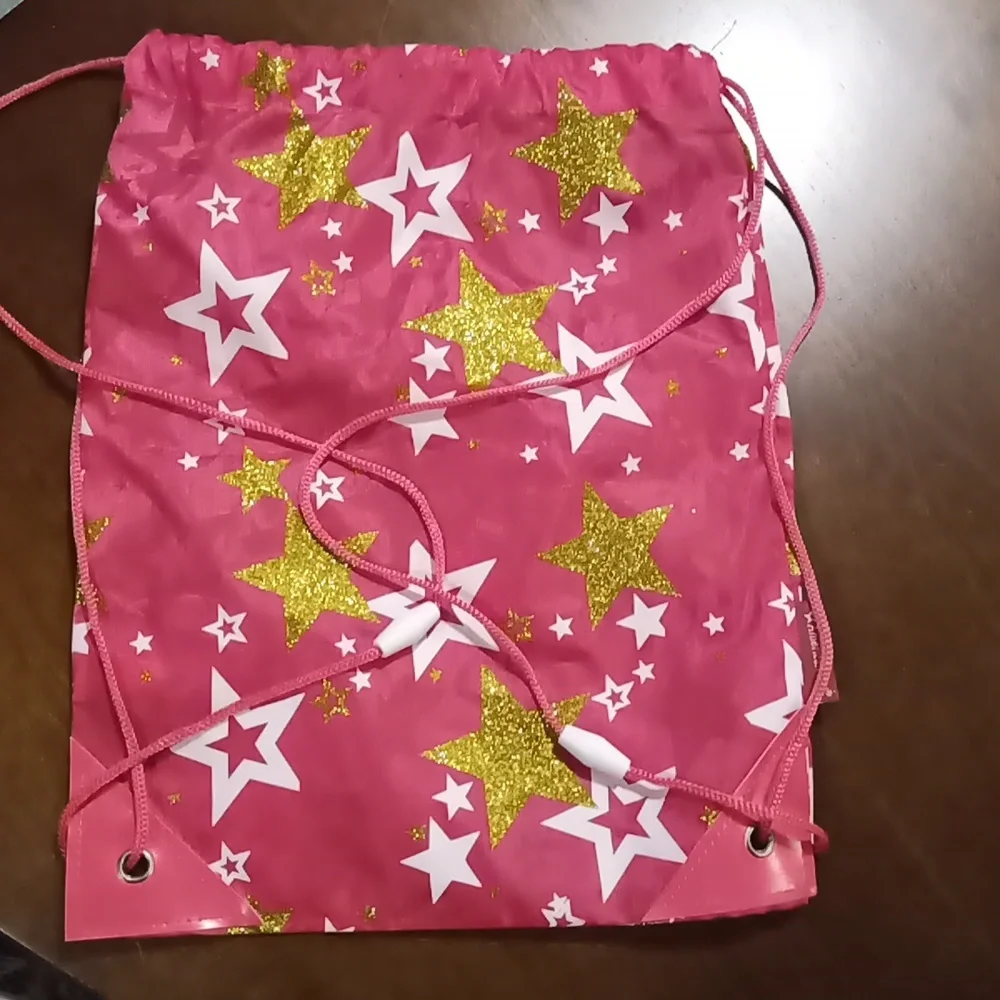 American Girl Pink & Gold Glitter Stars Drawstring Backpack Sz. 11 x 14
